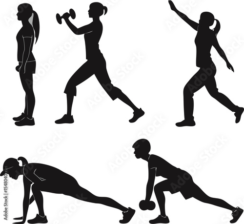 Fitness Silhouettes: Four diverse fitness activities depicted through dynamic silhouettes of women and a man. 