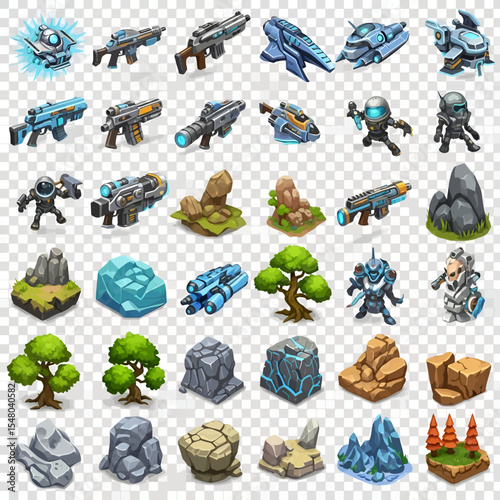 Diverse Collection of Isometric Game Assets: Weapons, Characters, and Environment Elements