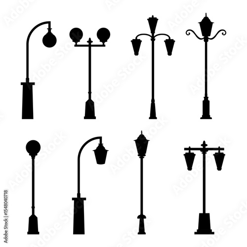 Decorative old street light posts silhouette for urban isolated on white background. Vector stock