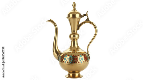 A high-quality product photograph of an ornate golden brass Middle Eastern teapot against a pure white background