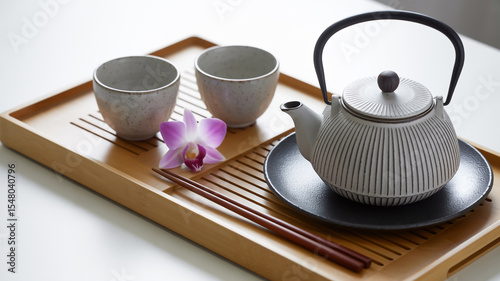 A high-quality product photography shot of a traditional Japanese tea set on a light wooden serving board
