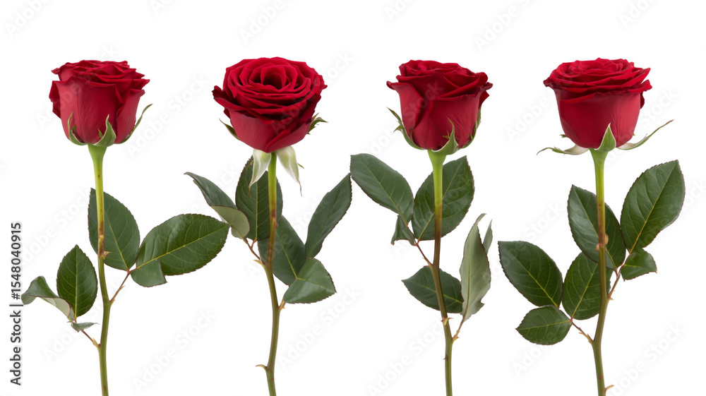 Naklejka premium A high-resolution photograph of four red roses arranged in a horizontal line against a pure white background