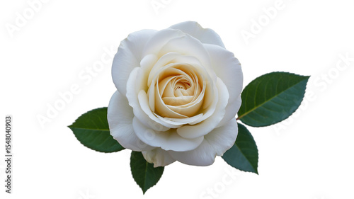 A high-resolution photograph of a single white rose against a pure white background