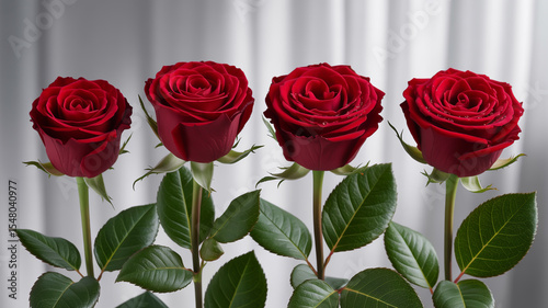 A high-resolution photograph of four red roses arranged in a horizontal line against a pure white background