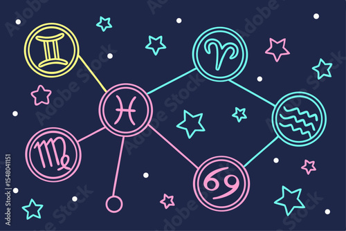 Neon zodiac signs glowing astrological symbols set