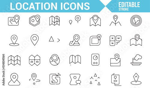Location and Navigation Icons Featuring GPS and Map Symbols