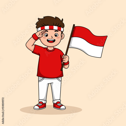 Proud Indonesian Boy Salutes National Flag Illustration