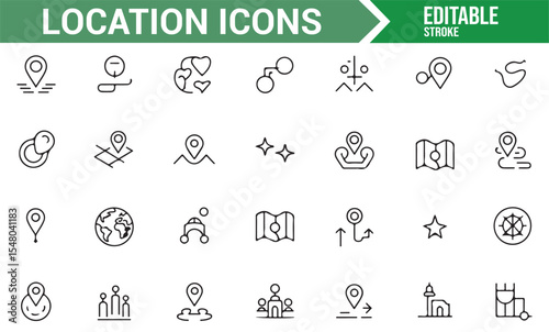 Location and Navigation Icons Featuring GPS and Map Symbols
