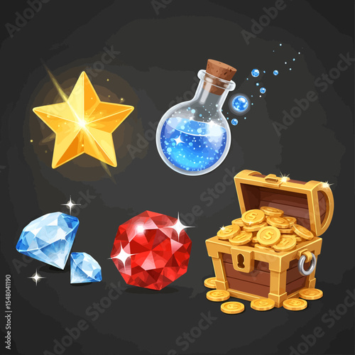 Fantasy treasure elements - star, potion, diamonds, ruby and treasure chest