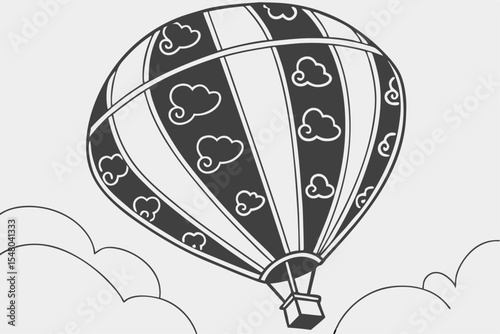 Monochrome hot air balloon with cloud vector illustration