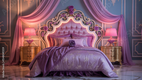 A luxurious princess-style bedroom with an ornate purple and gold headboard featuring intricate scrollwork and decorative roses