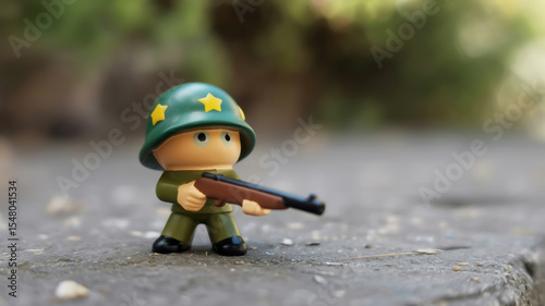 A macro photograph of a small toy soldier figurine standing on a gray concrete surface.