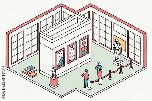 Isometric art gallery interior with sculptures