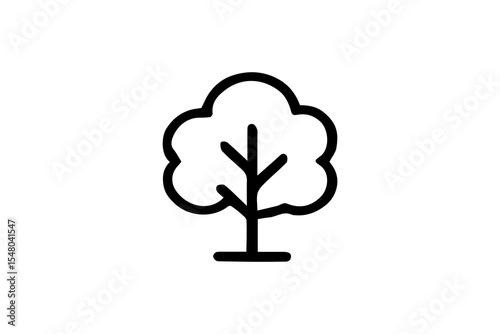 The image features a black outline icon of a tree with a rounded, cloud-like canopy and a straight trunk with symmetrical branches.