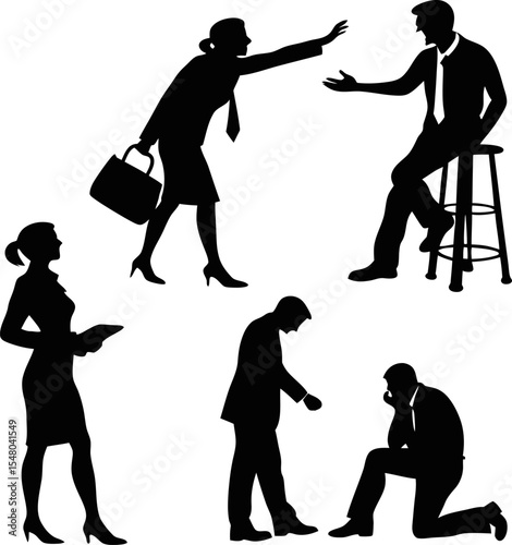 Silhouette Business Interactions: This vector image of business people in various dynamic postures encapsulates the essence of professional life, ideal for conveying themes of communication.