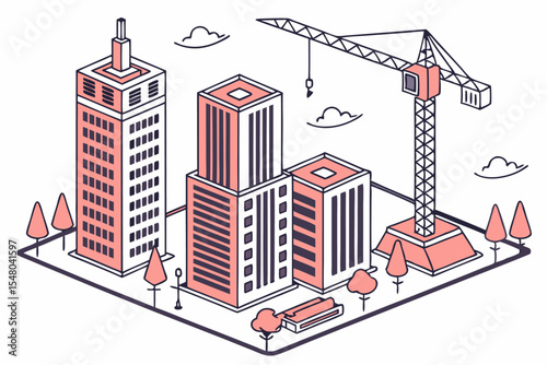 Isometric city skyline with construction cranes