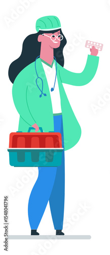 Veterinarian carrying a pet carrier while holding a pack of medicine, smiling joyfully and providing essential healthcare for animals, showcasing dedication to pet wellness