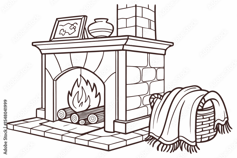 Fototapeta premium Cozy hand sketched fireplace with logs
