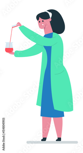 Female scientist wearing lab coat pouring red liquid into beaker during experiment in laboratory, conducting scientific research and analysis, chemical reaction, innovation and discovery