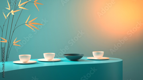 A minimalist product photography setup with a turquoise curved platform against a gradient background