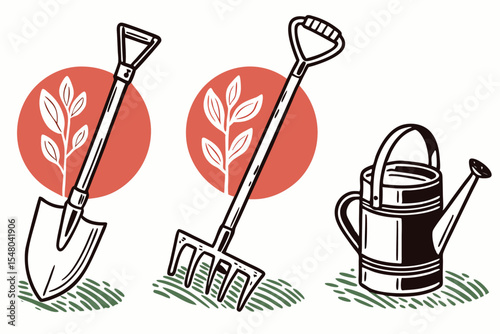 Flat icon set of gardening tools shovel rake and more