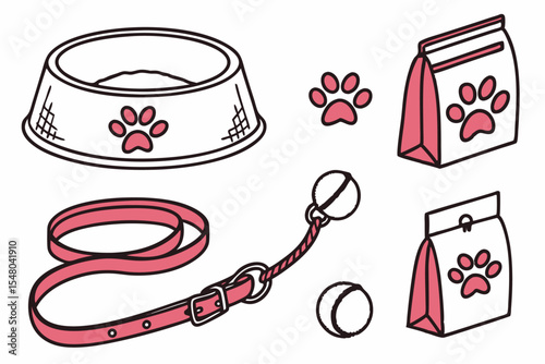 Flat pet care icon set bowls leashes and more
