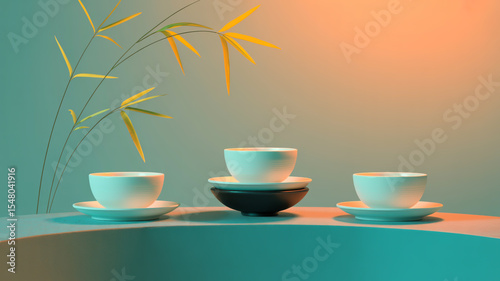 A minimalist product photography setup with a turquoise curved platform against a gradient background