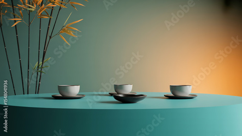A minimalist product photography setup with a turquoise curved platform against a gradient background