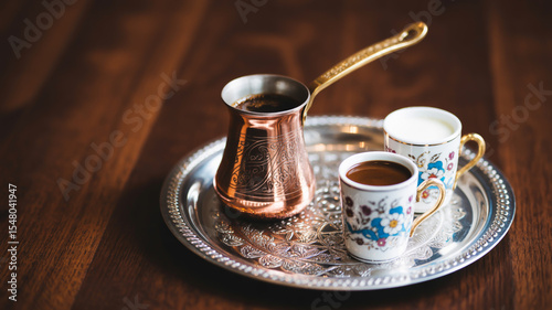 A moody, atmospheric photograph of a traditional Turkish coffee setup on an ornate silver tray
