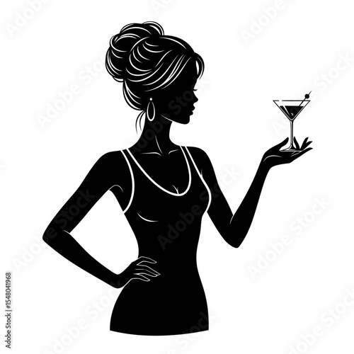 Elegant woman silhouette with cocktail glass, sophistication and celebration portrayed