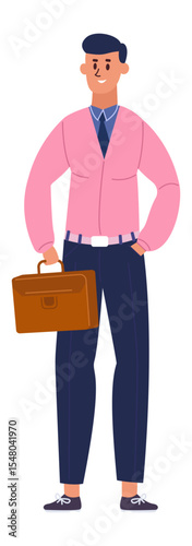 Happy office worker standing confidently with hand in pocket and briefcase, wearing a pink shirt and blue trousers, smiling in a full length portrait against a white background