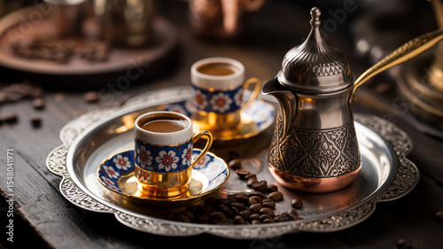 A moody, atmospheric photograph of a traditional Turkish coffee setup on an ornate silver tray