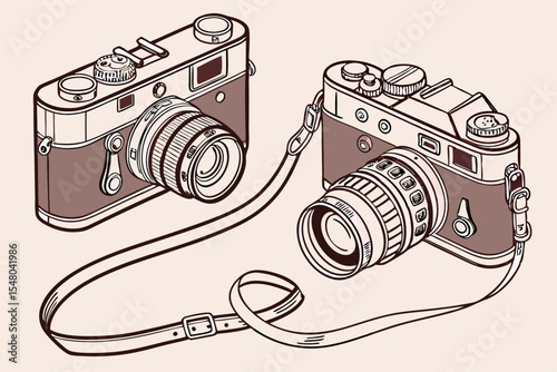 Hand sketched vintage cameras with lenses