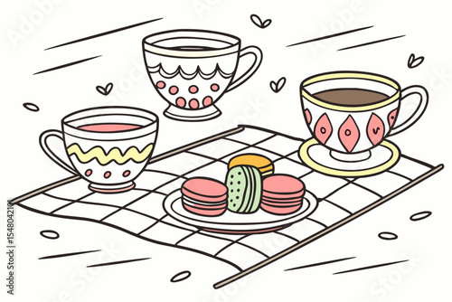 Doodled tea party illustration cups teapots and macarons