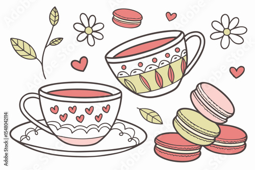Doodled tea party illustration cups macarons and sweet treats