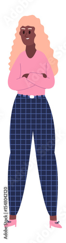 Young black woman with crossed arms, wearing pink sweater and blue checkered trousers, showcasing confidence and professionalism, isolated on white background
