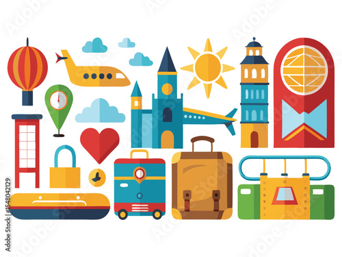 Colorful travel icons collection flat style design isolated on white background
