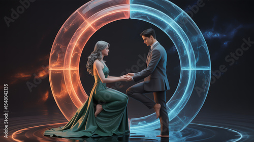 A mystical digital art piece depicting two figures sitting across from each other in a circular portal