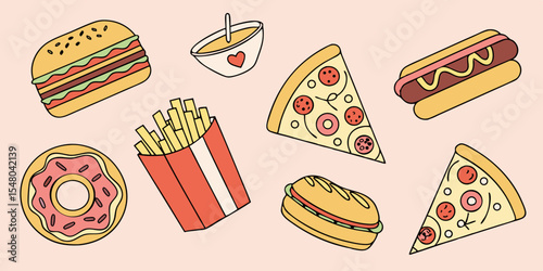 Vector set of fast food icons including pizza, hamburger, and hotdog illustrations
