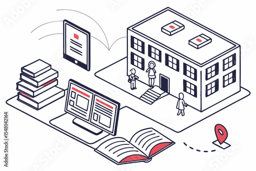 Flat style virtual classroom illustration with book