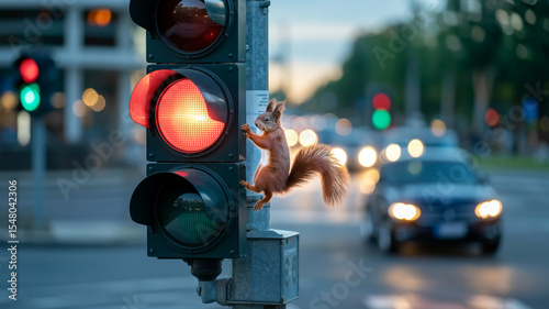 A nighttime urban photograph of a red squirrel perched on a traffic light pole.
