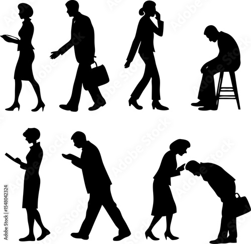 Human Silhouettes in Dynamic Poses: A diverse collection of silhouetted individuals in various actions, representing a spectrum of emotions and activities.