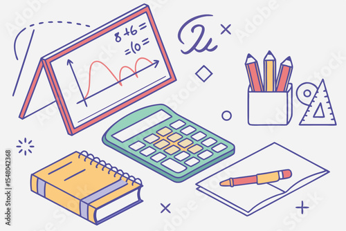 Colorful math education charts symbols equations and graphs