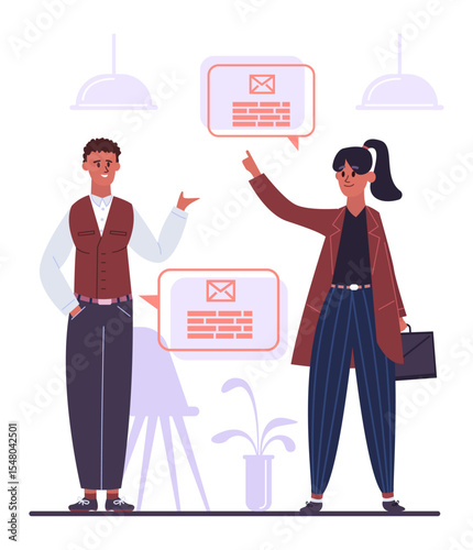 Two marketing managers discussing email marketing campaign and advertising strategy, pointing at speech bubbles with email icons and text simulating email body