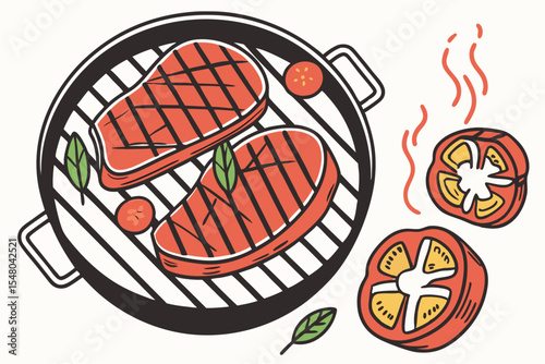 Delicious barbecue grill with steaks and vegetables