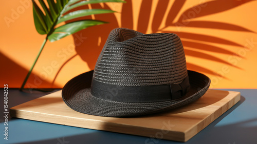 A product photography shot of a black straw fedora hat placed on a light wooden square board against a vibrant orange background