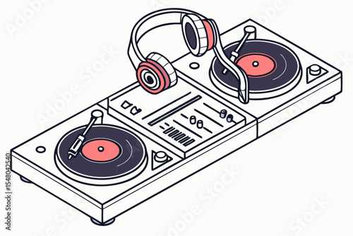 Modern dj booth with turntables and headphones illustration