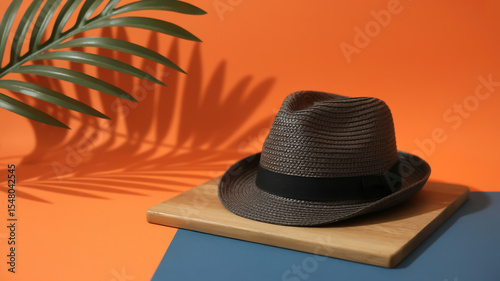 A product photography shot of a black straw fedora hat placed on a light wooden square board against a vibrant orange background
