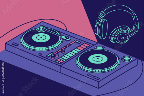 Colorful dj booth vector illustration with turntables and headphones