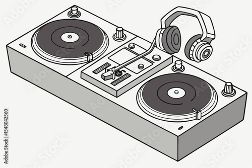 Colorful dj booth with turntables and headphones